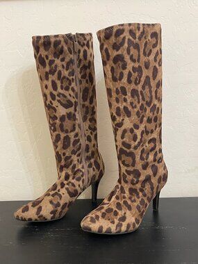 Impo Boots Vande Stretch Leopard Animal Print Knee High Tall Heel 6 Worn Once